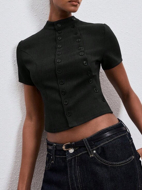 MODA ME COUTURE Tops - Black Casual Women's Double-Breasted Short Sleeve Blouse